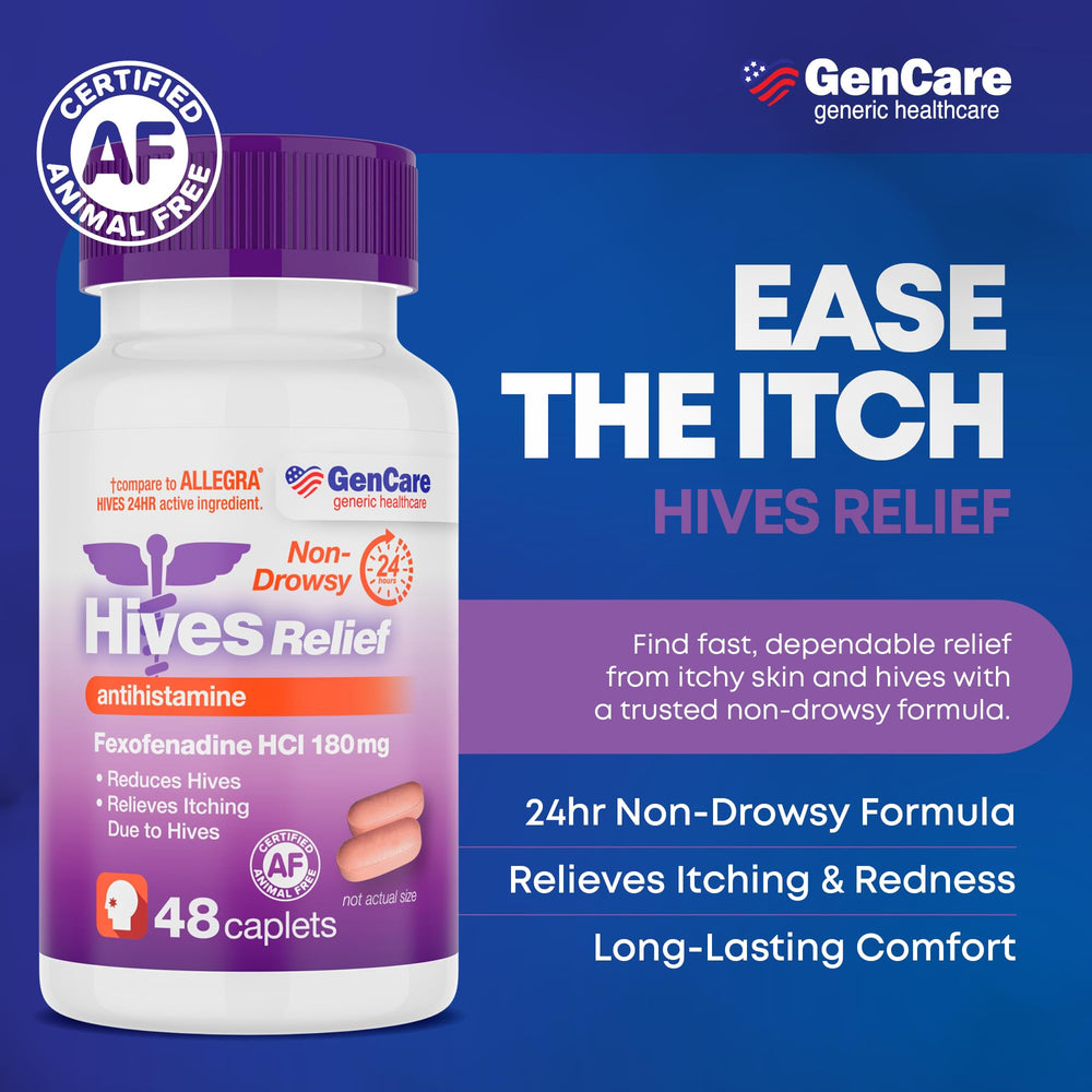 Closeup of GenCare Hives Relief tablets demonstrating fast-acting antihistamine benefits.