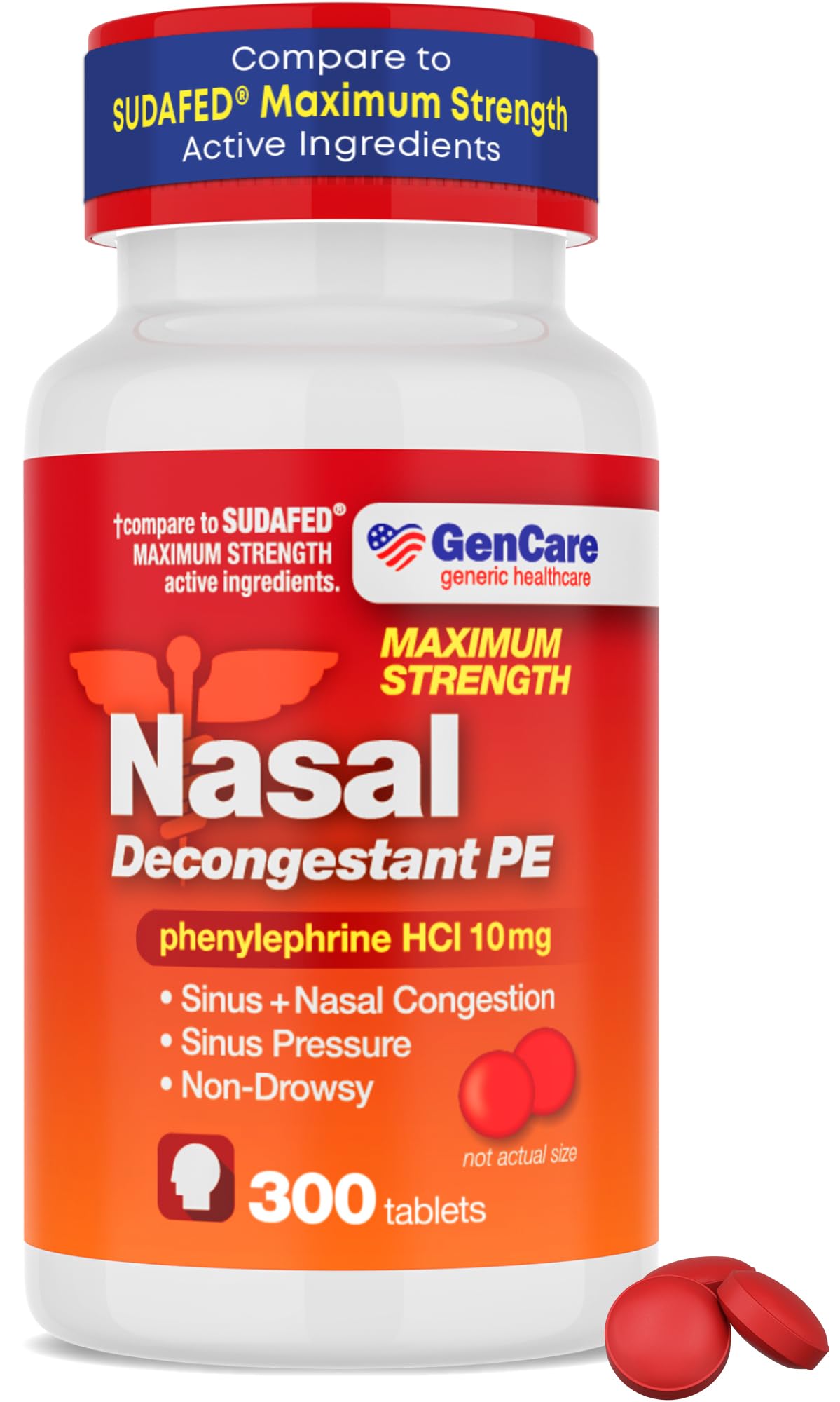 GenCare nasal decongestant tablets bottle shows 300-count bulk packaging for daytime relief.