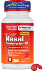 GenCare nasal decongestant tablets bottle shows 300-count bulk packaging for daytime relief.