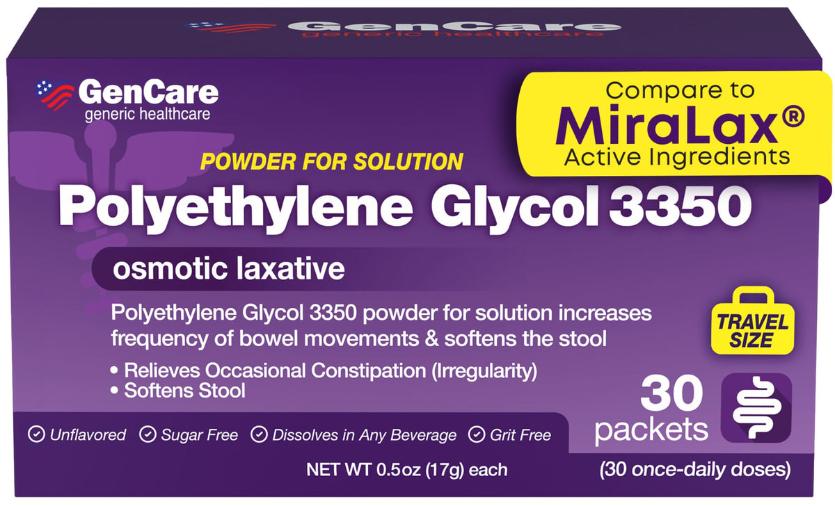 GenCare PEG 3350 travel packets boxed for on-the-go relief