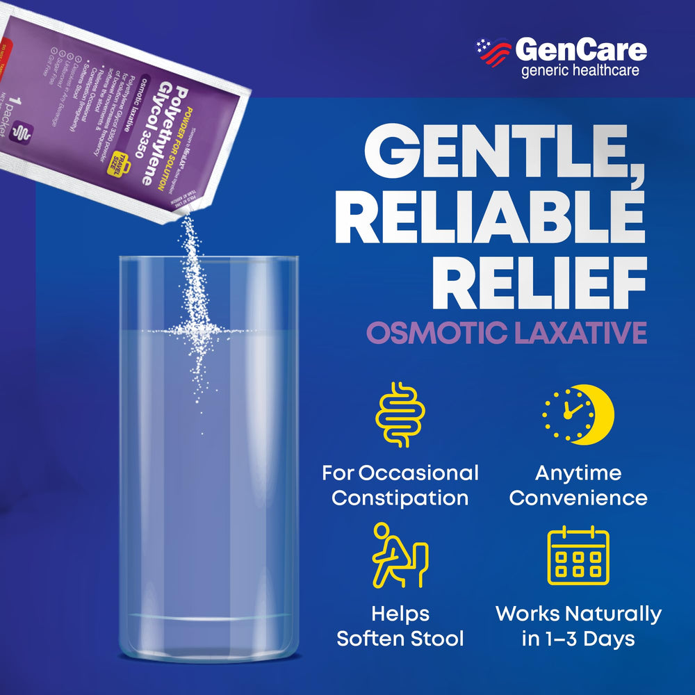 Close-up of GenCare PEG 3350 travel packet for easy use