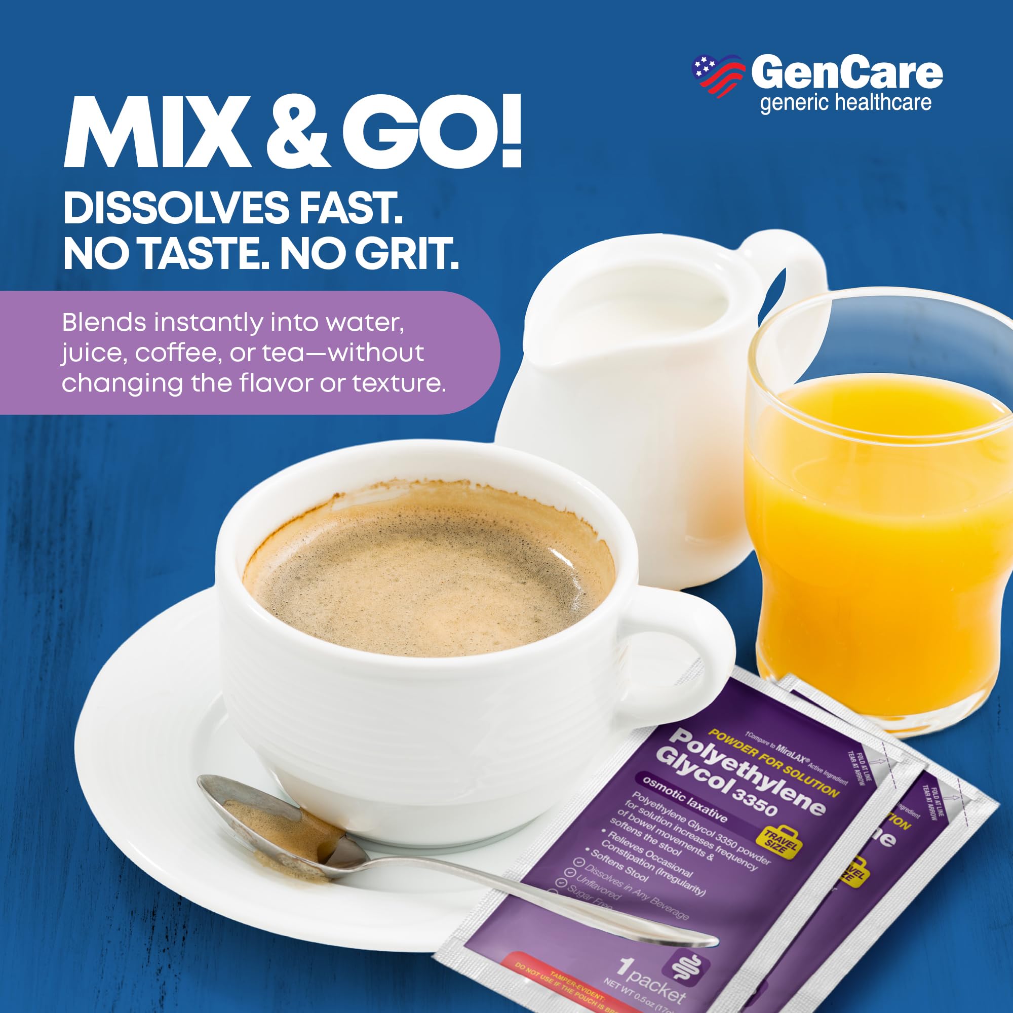 GenCare PEG 3350 powder dissolving easily in water for mixing.