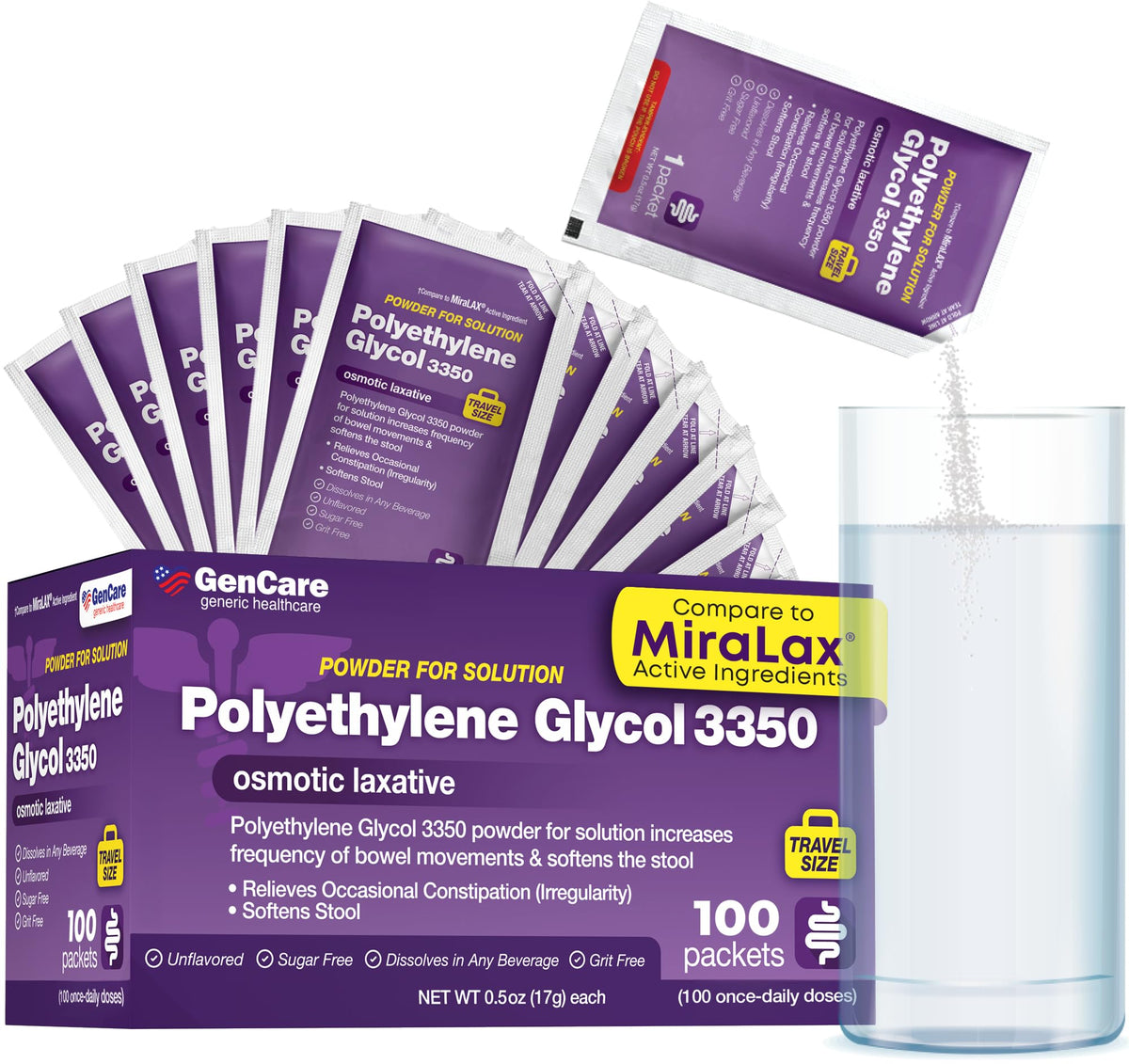GenCare PEG 3350 powder travel packets for on-the-go occasional relief.