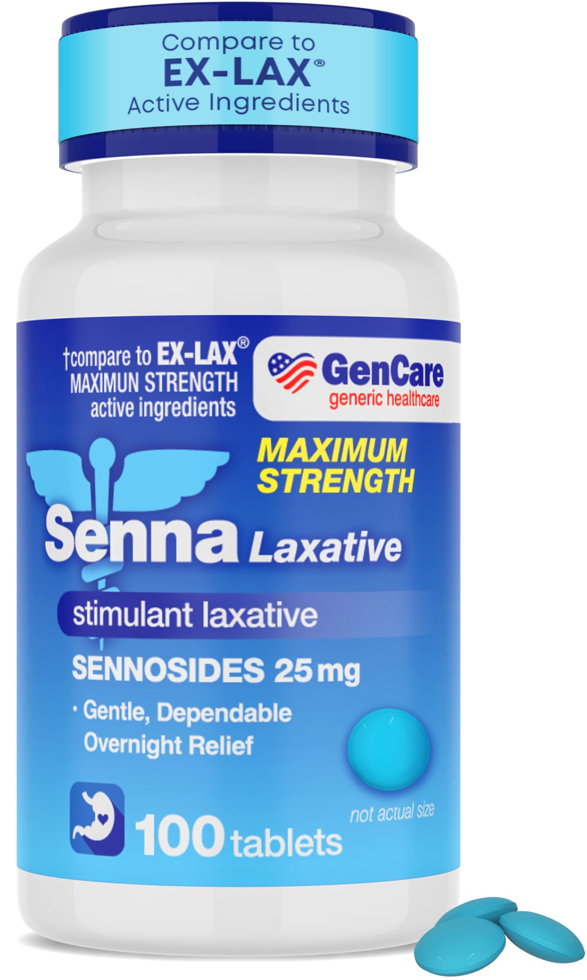 GenCare Senna 25mg tablets bottle for overnight relief and regularity support.