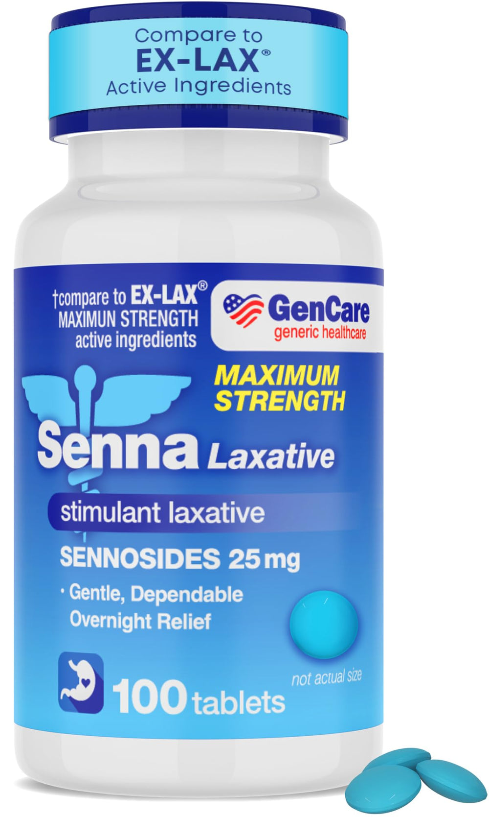 GenCare Senna 25mg tablets bottle for overnight relief and regularity support.