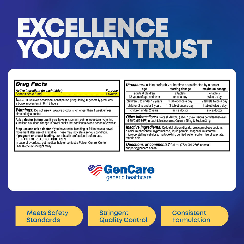 GenCare Senna bottle with bedtime usage cue for overnight regularity