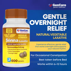 GenCare Senna laxative bulk bottle back with directions and dosage tips