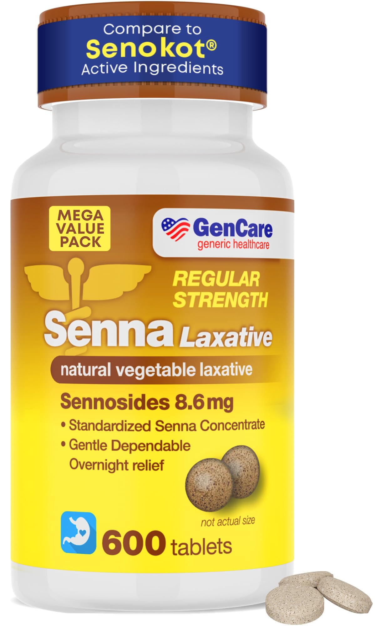 GenCare Senna laxative bulk bottle front showing easy to swallow tablets for regularity