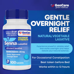 GenCare overnight-relief packaging showcases natural senna laxative for gentle relief.