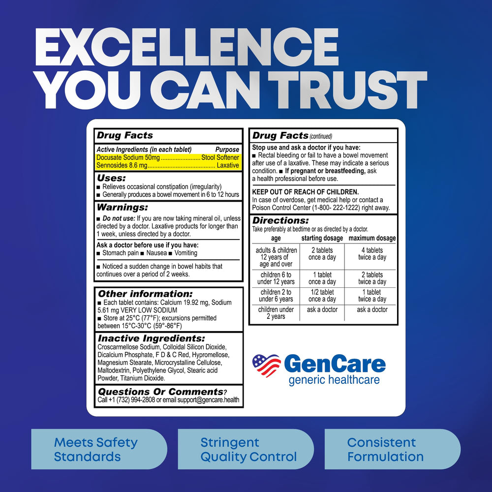 GenCare Senna-S bottle and glass scene implies overnight digestion ease.