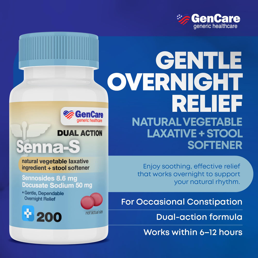 GenCare Senna-S tablets close-up highlights dual-action formula for stool softening and gentle passage.