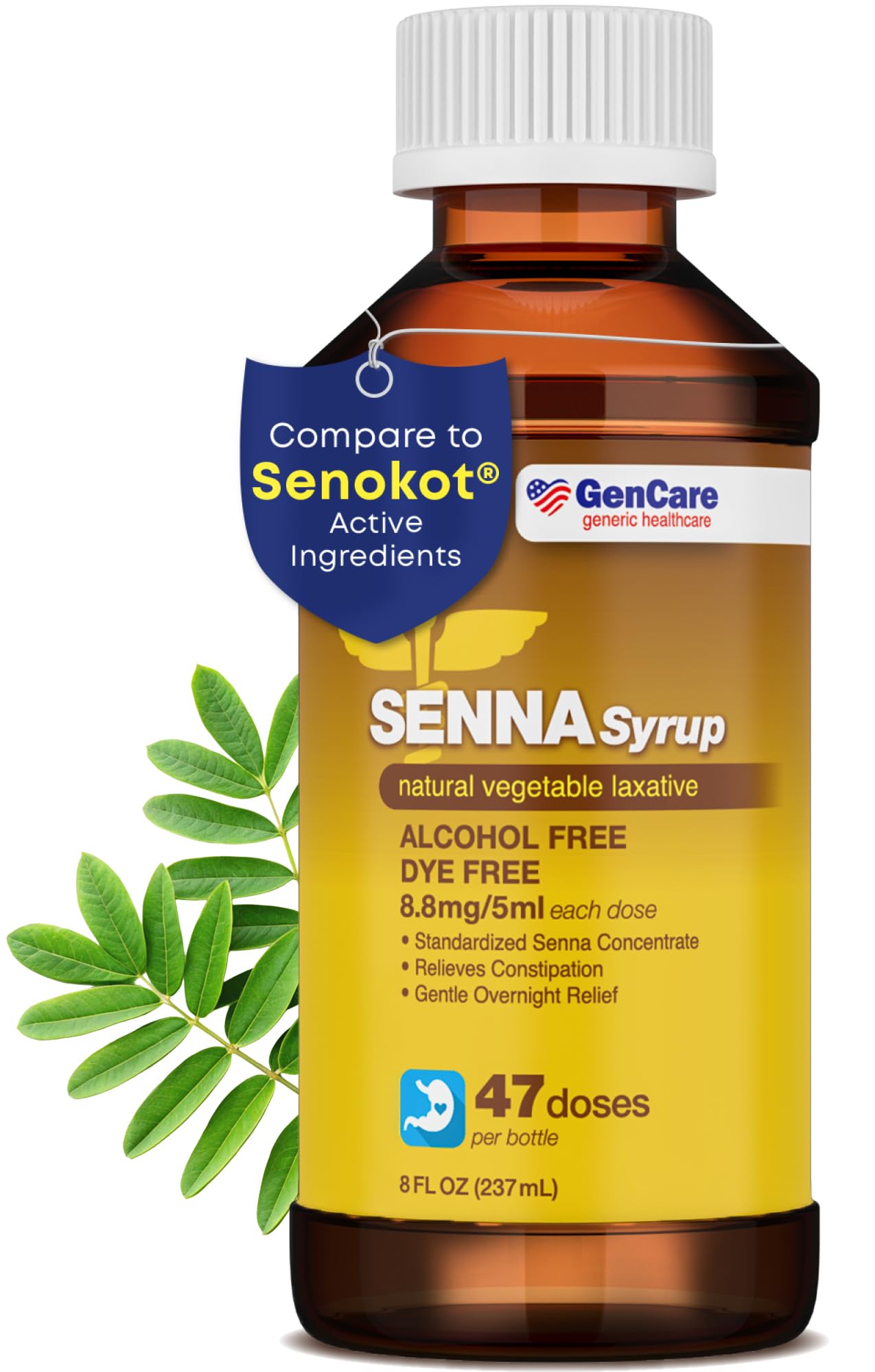 GenCare Senna Syrup bottle with ready-to-use liquid for overnight relief.