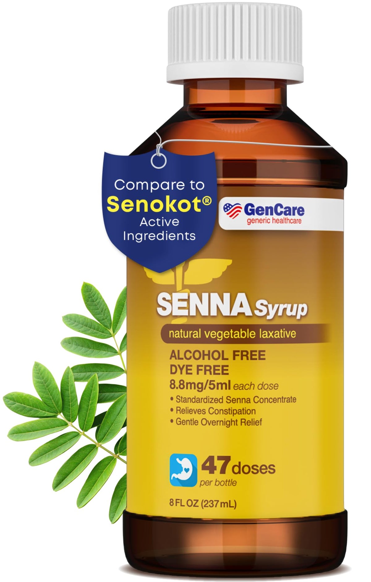 GenCare Senna Syrup bottle with ready-to-use liquid for overnight relief.