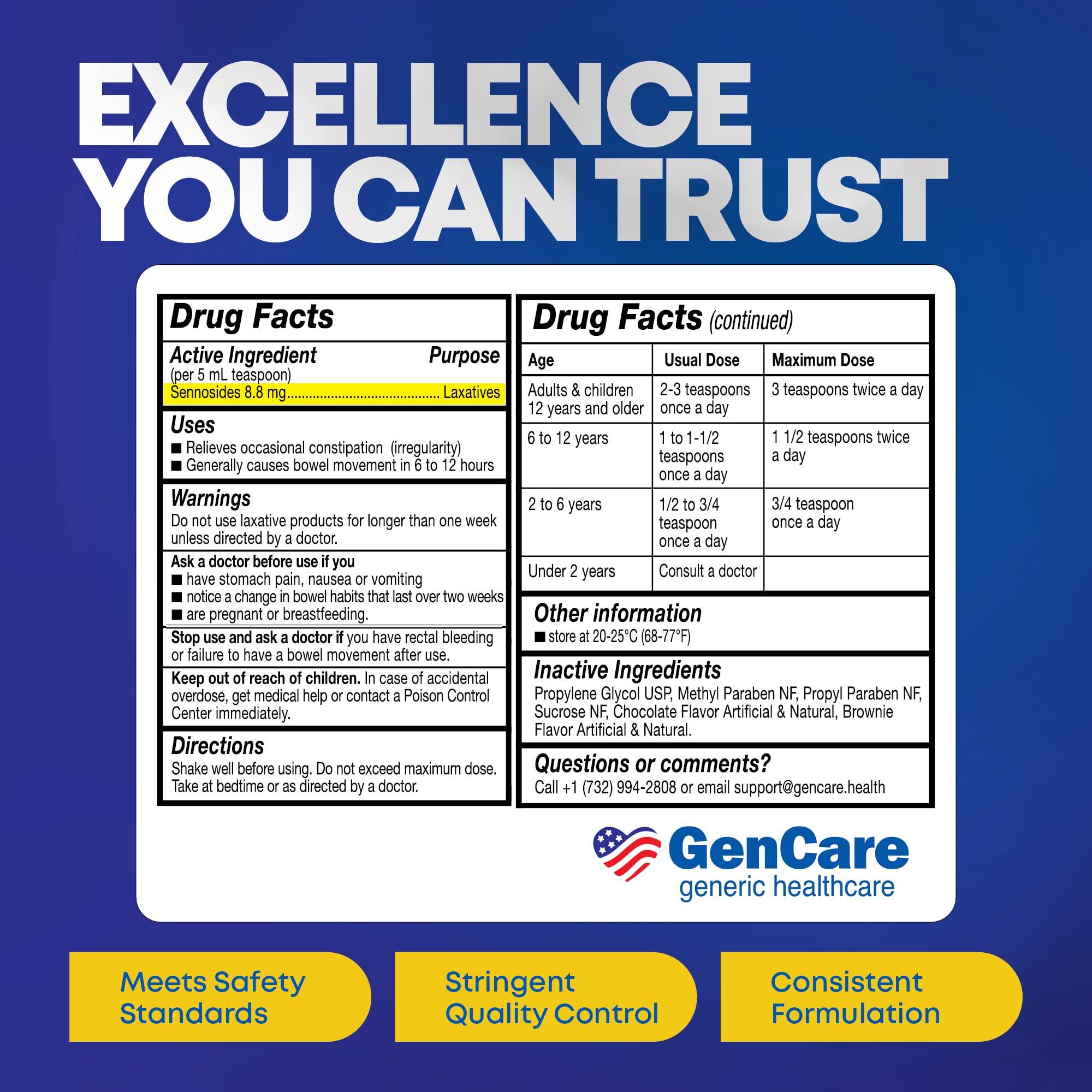 GenCare Senna Syrup for kids 12+ dosing shown for guidance.