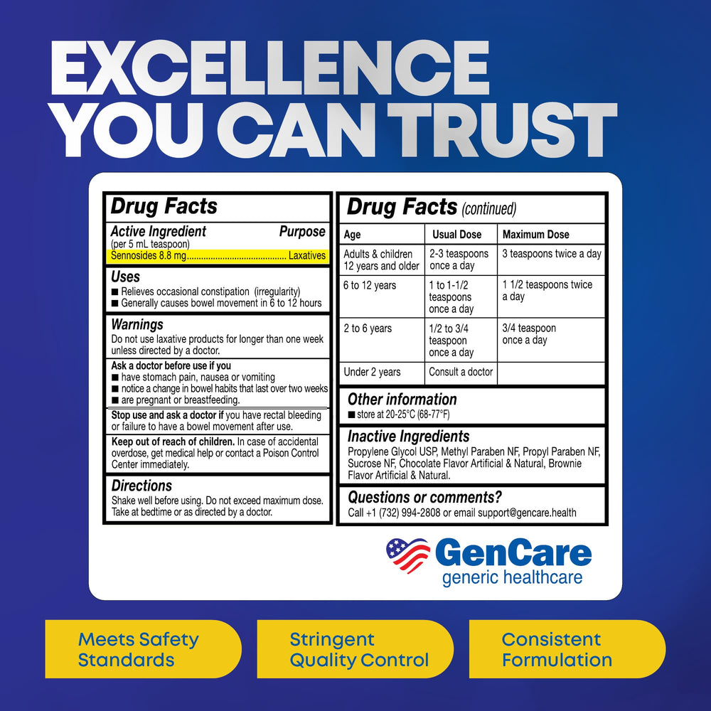 GenCare Senna Syrup for kids 12+ dosing shown for guidance.