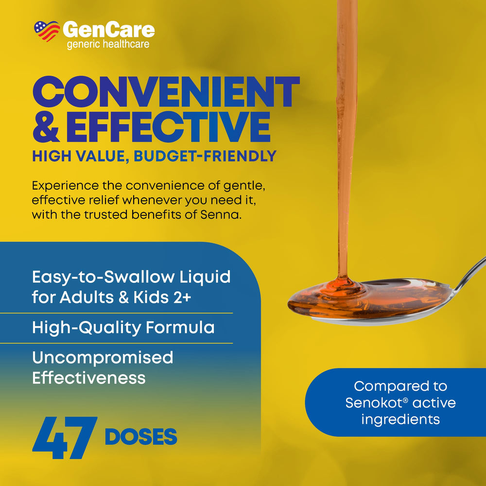 GenCare Senna Syrup label front shows natural, plant-based laxative formula.
