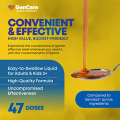 GenCare Senna Syrup label front shows natural, plant-based laxative formula.