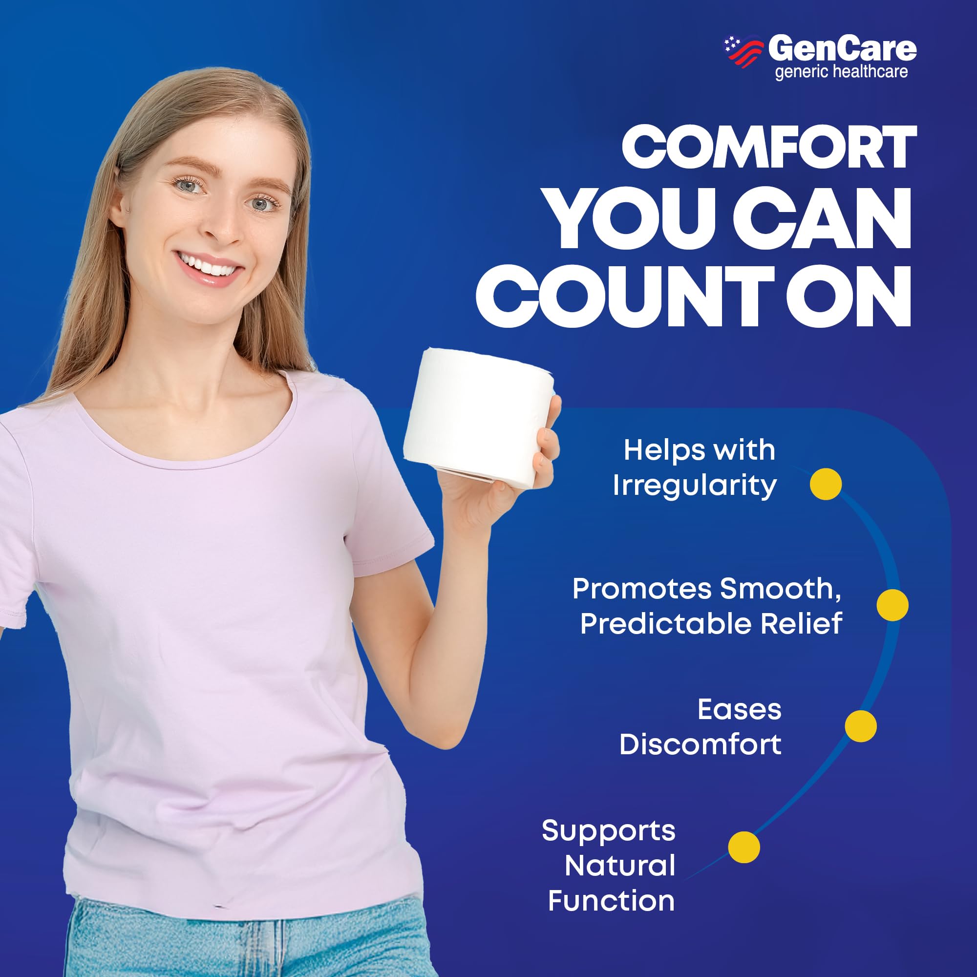 GenCare Senna Syrup packaging side highlights alcohol-free and dye-free formula.