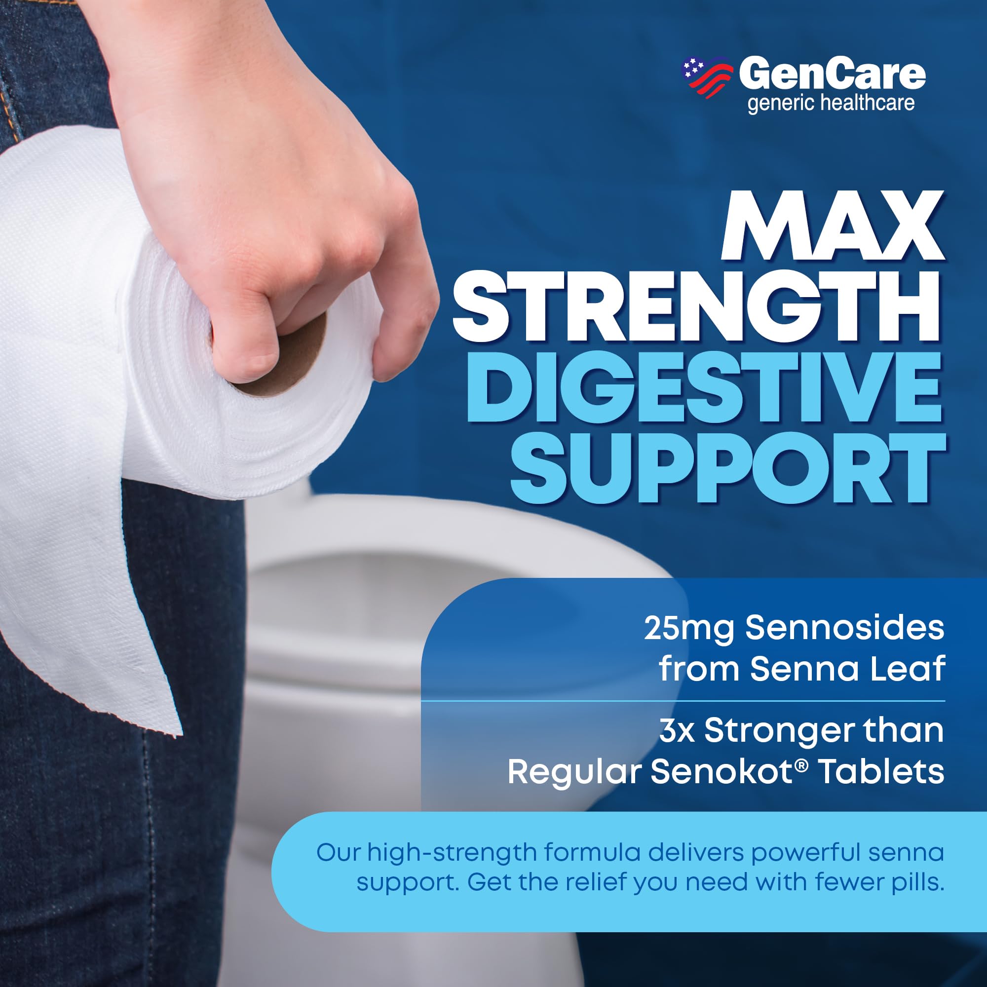 GenCare Senna 25mg tablet close-up highlights natural laxative action.