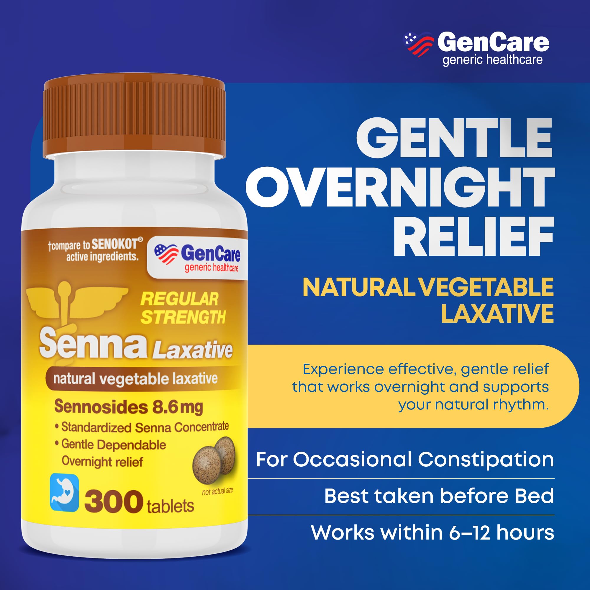 GenCare Senna tablets close-up highlighting easy-to-swallow dose for constipation relief