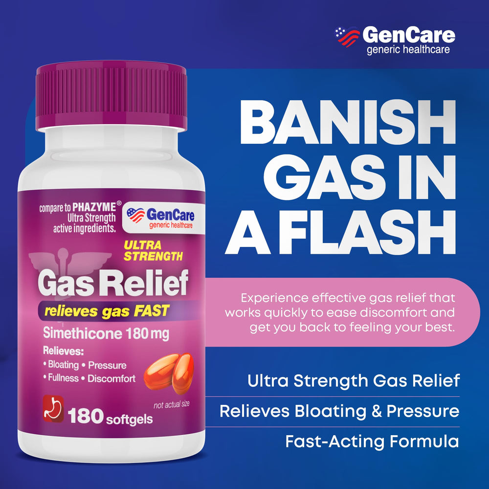 GenCare simethicone gas relief softgels close-up showing easy-to-swallow design