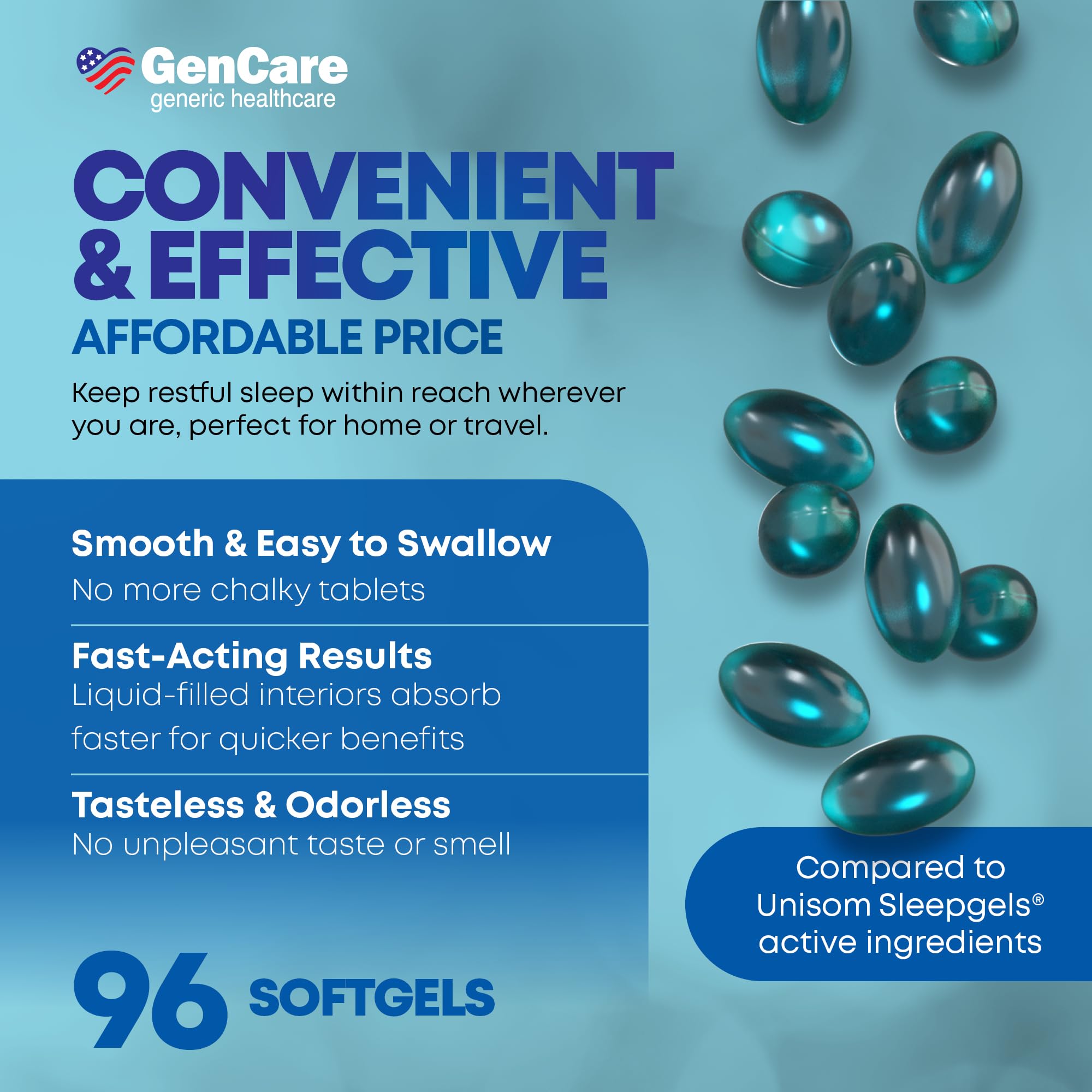 GenCare sleep aid bottle on nightstand beside glass of water at bedtime