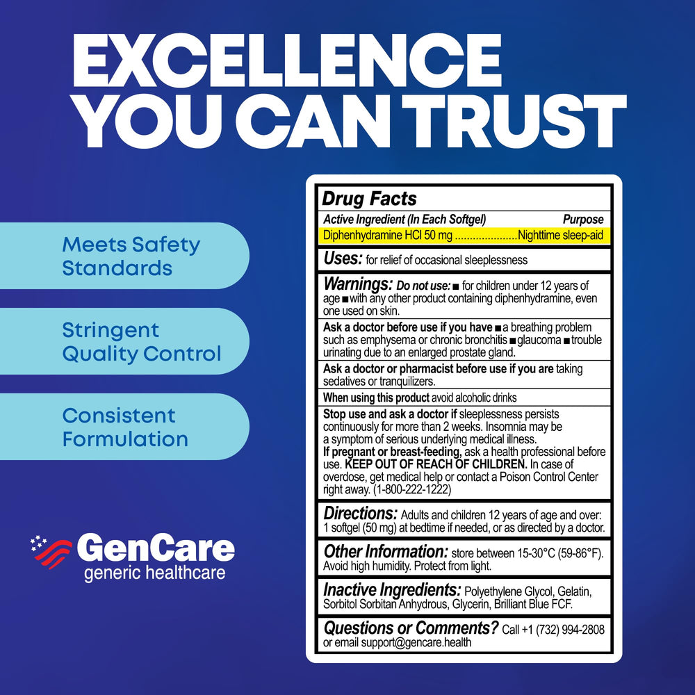 GenCare sleep softgels close-up highlighting 50 mg diphenhydramine HCl for effective relief