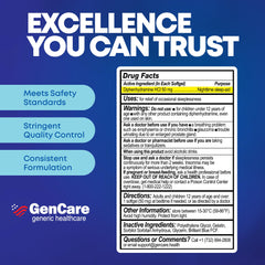 GenCare sleep softgels close-up highlighting 50 mg diphenhydramine HCl for effective relief