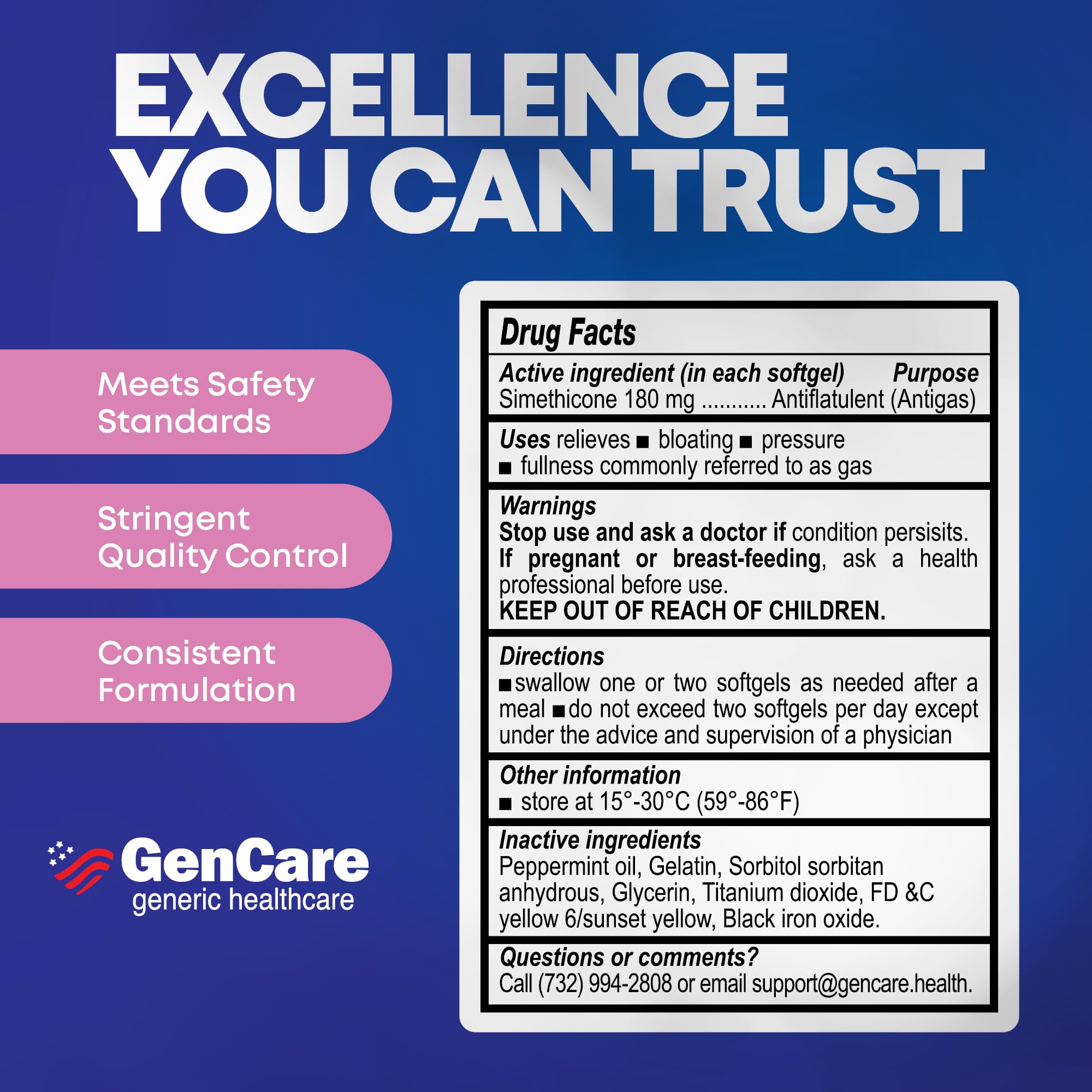 GenCare softgels in hand illustrating quick relief for digestive comfort