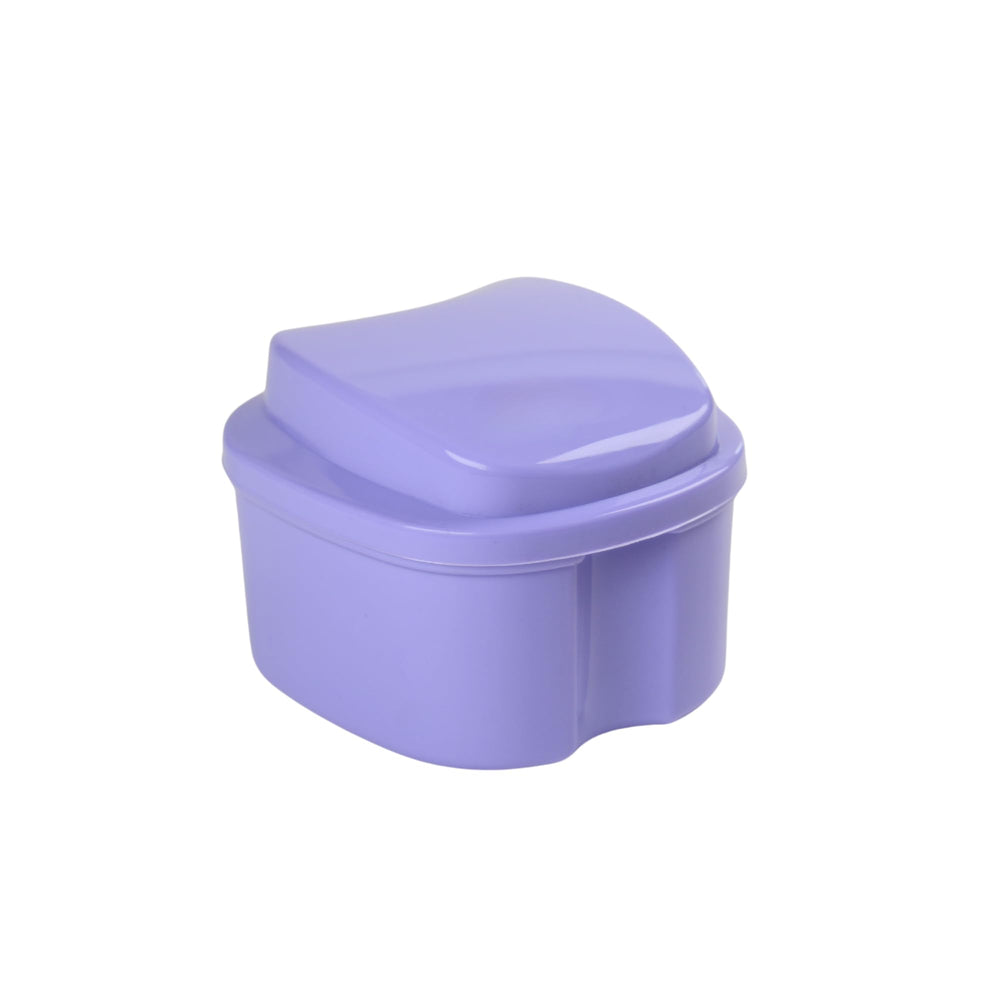 Denture bath box with basket for cleaning dentures, retainers, night guards
