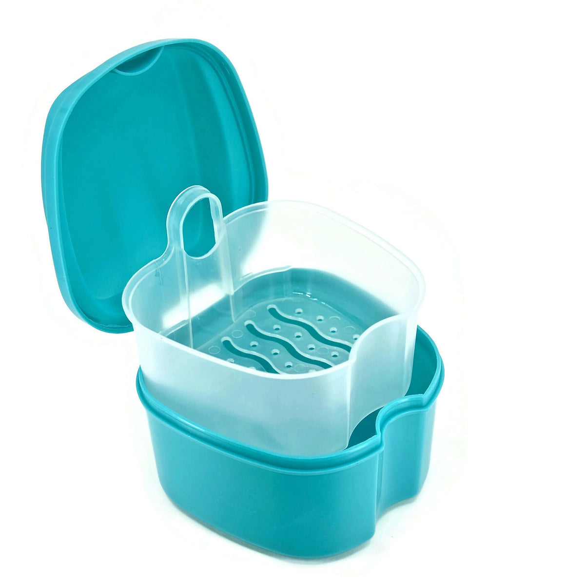 Genco Dental Denture Case in Teal – front view with lid closed and built-in strainer