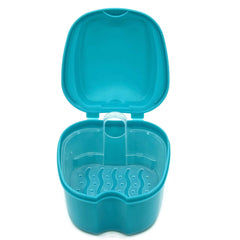 Teal denture case with lid open and draining tray for drying