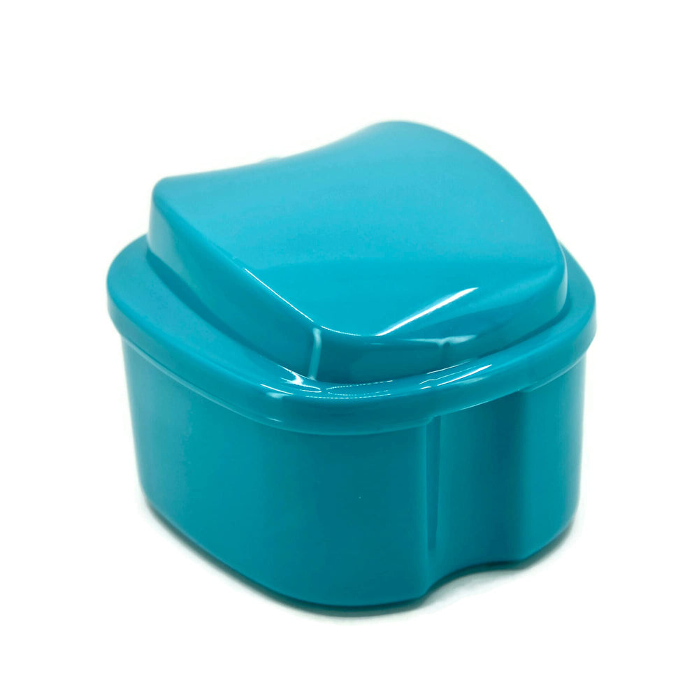 Denture case placed on bathroom counter showcasing compact design