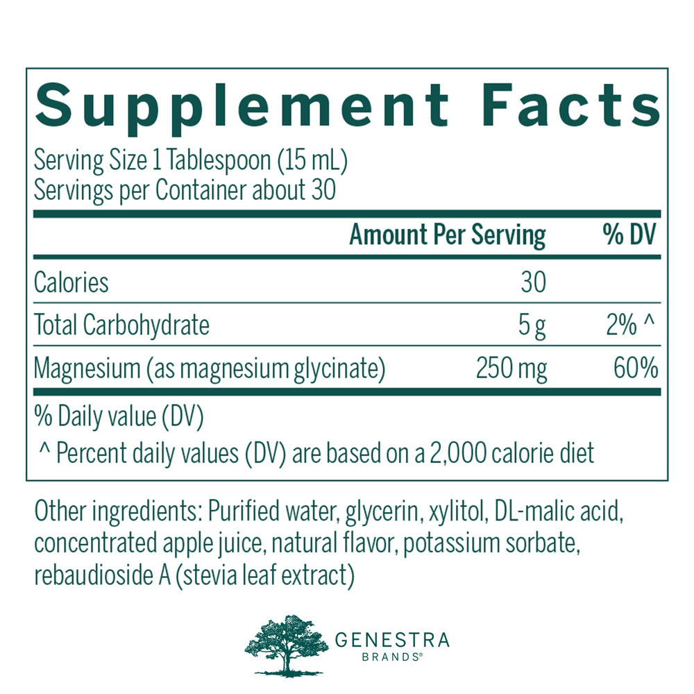 Genestra Brands Magnesium Glycinate Liquid pour glass emphasizes convenient use anytime for metabolism support.
