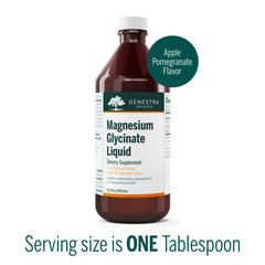 Genestra Brands Magnesium Glycinate Liquid label closeup highlights clean nutrition facts and ingredients.