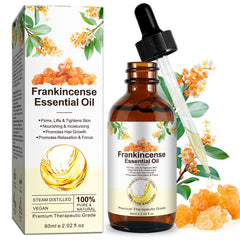 Generic Frankincense Oil bottle pour demonstrates purity for skin care and diffuser use.