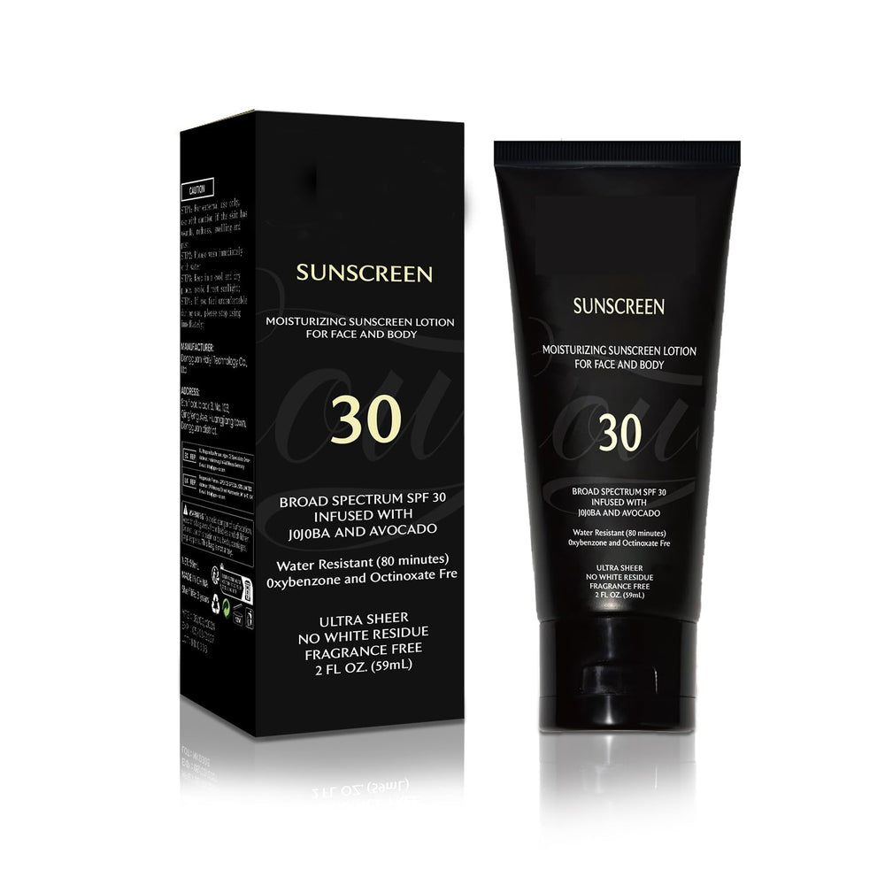 Generic Sunscreen bottle on melanin-rich skin showing SPF 30 protection