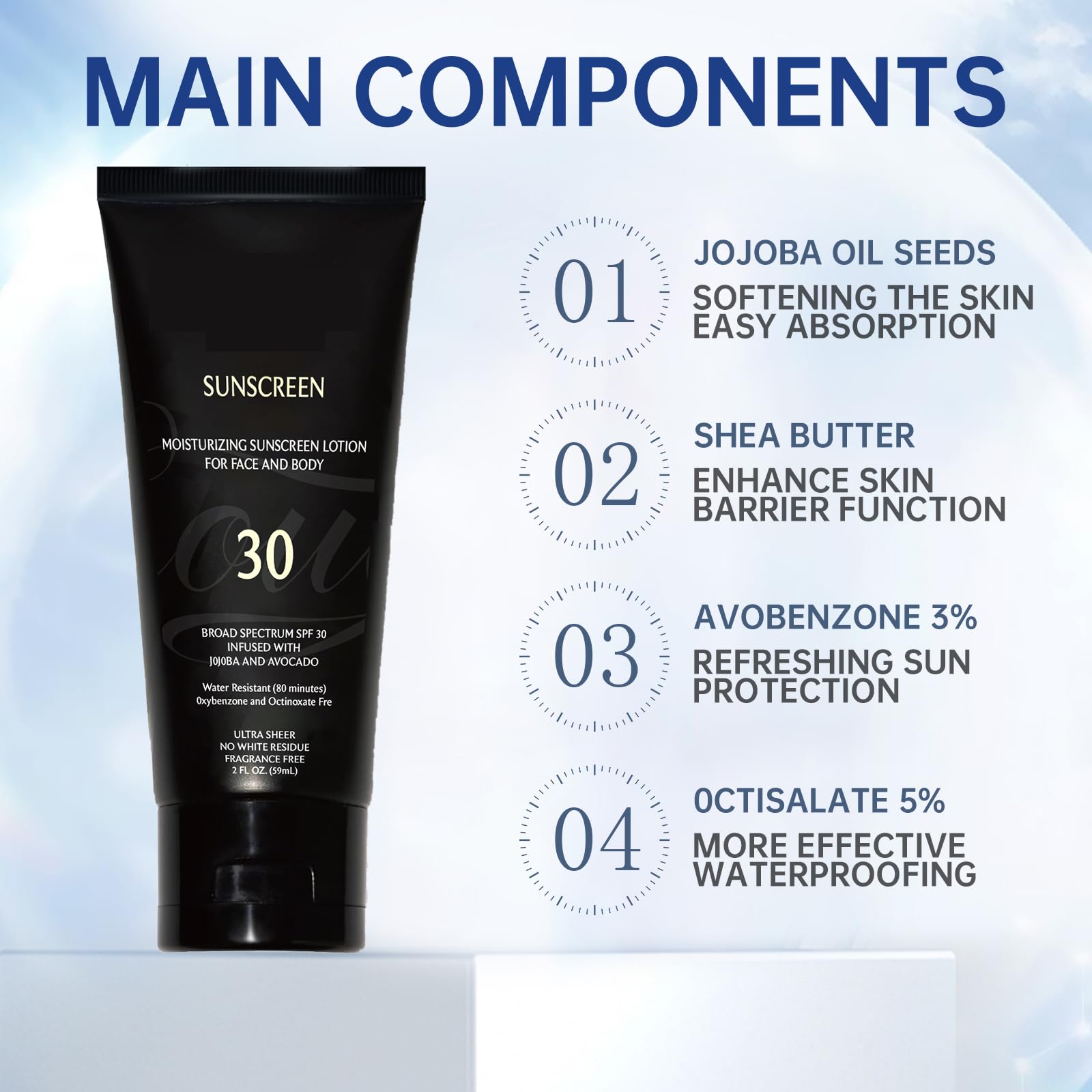 Label highlights SPF 30 and reef-friendly formula for sun protection