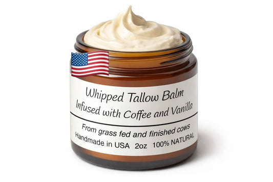 Generic whipped tallow balm vanilla coffee jar showing rich hydration for dry skin.