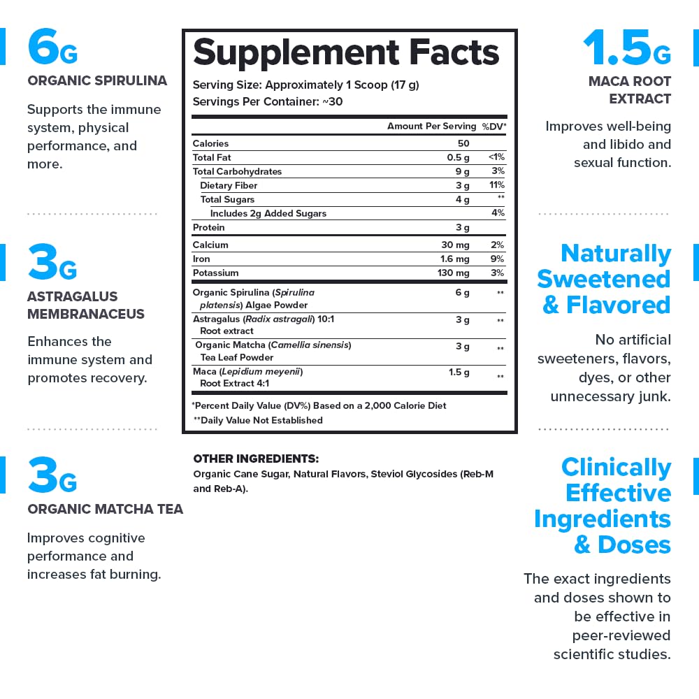 Scoop of Genesis Greens powder with measuring spoon