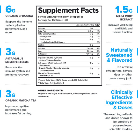 Scoop of Genesis Greens powder with measuring spoon