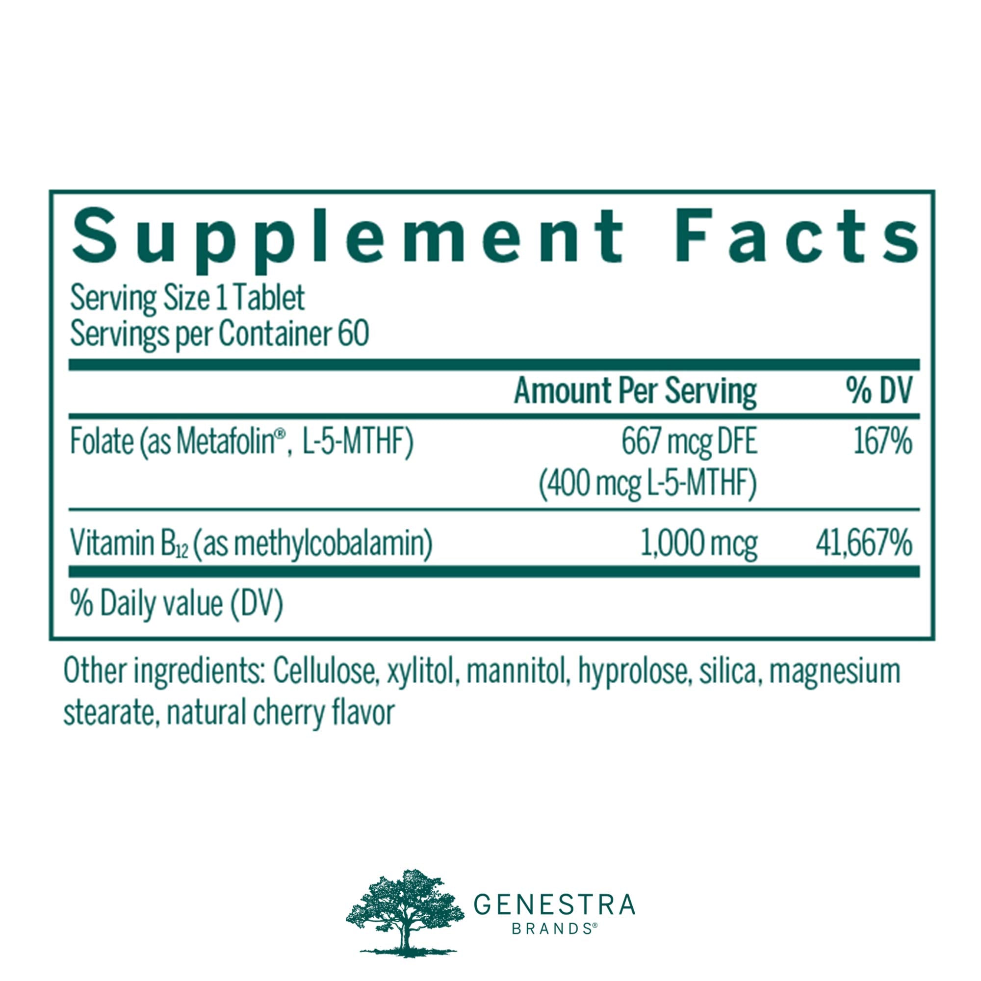 Close-up of Genestra B12 with L-Methylfolate chewable tablet