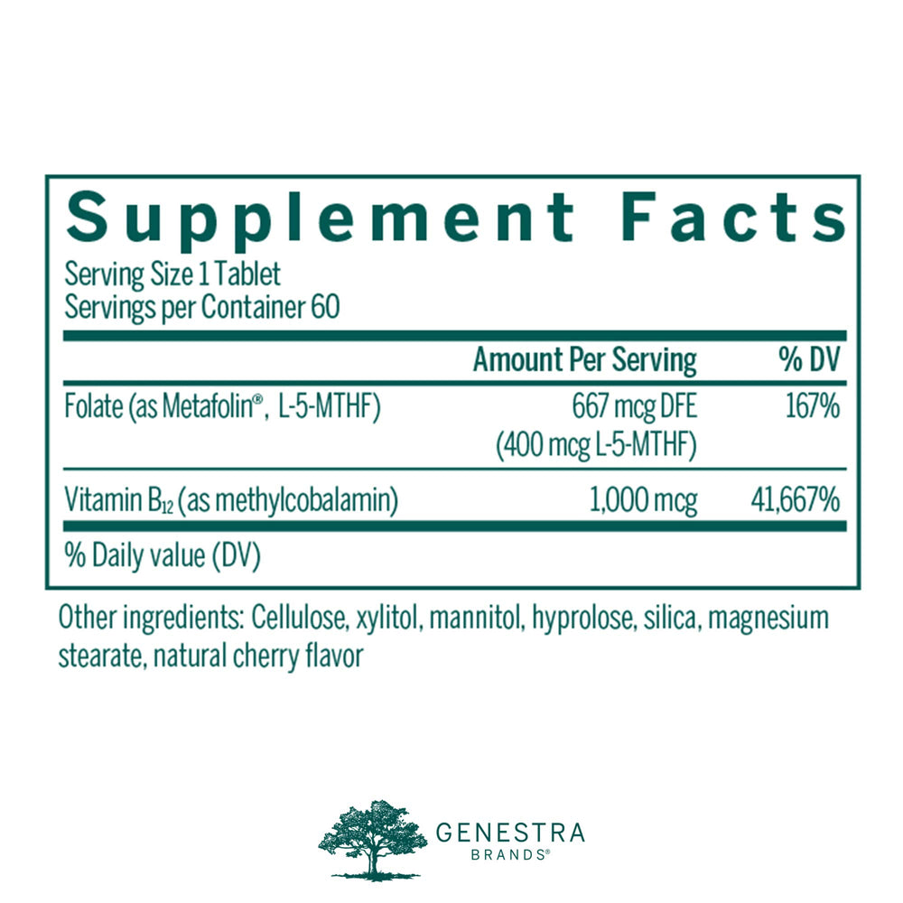 Close-up of Genestra B12 with L-Methylfolate chewable tablet