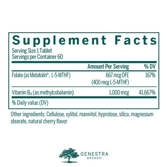 Close-up of Genestra B12 with L-Methylfolate chewable tablet