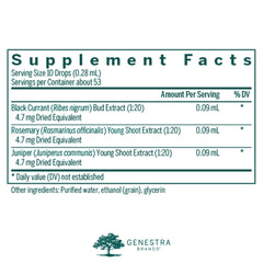 Genestra Al-gen ingredients: Black Currant, Rosemary, and Juniper