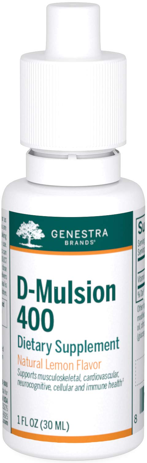 Bottle of Genestra D-Mulsion 400 liquid vitamin D drops with natural lemon flavor