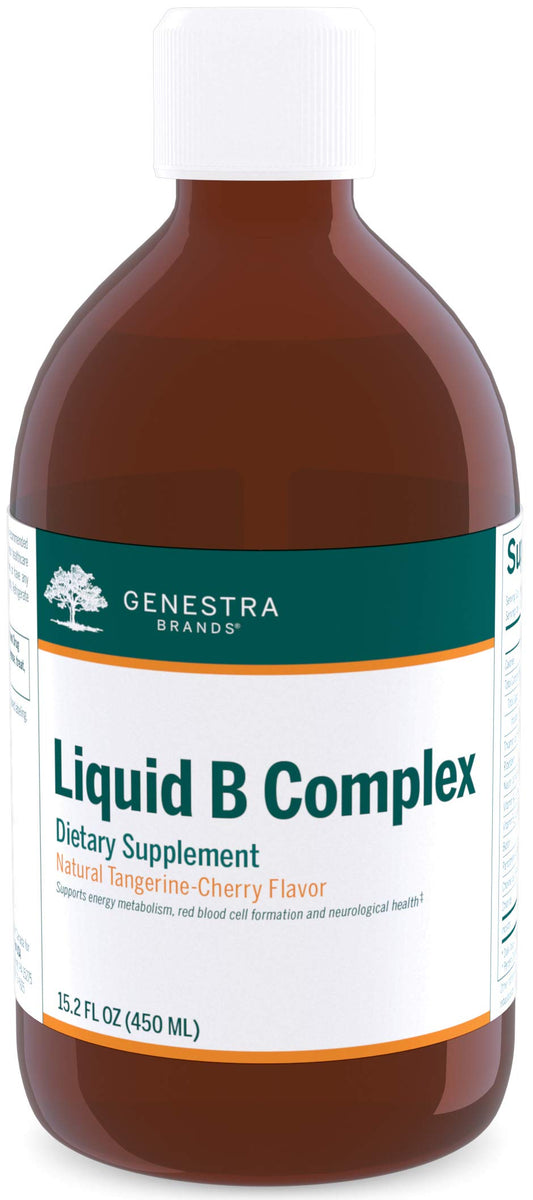 Front view of Genestra Brands Liquid B Complex bottle with Tangerine-Cherry flavor