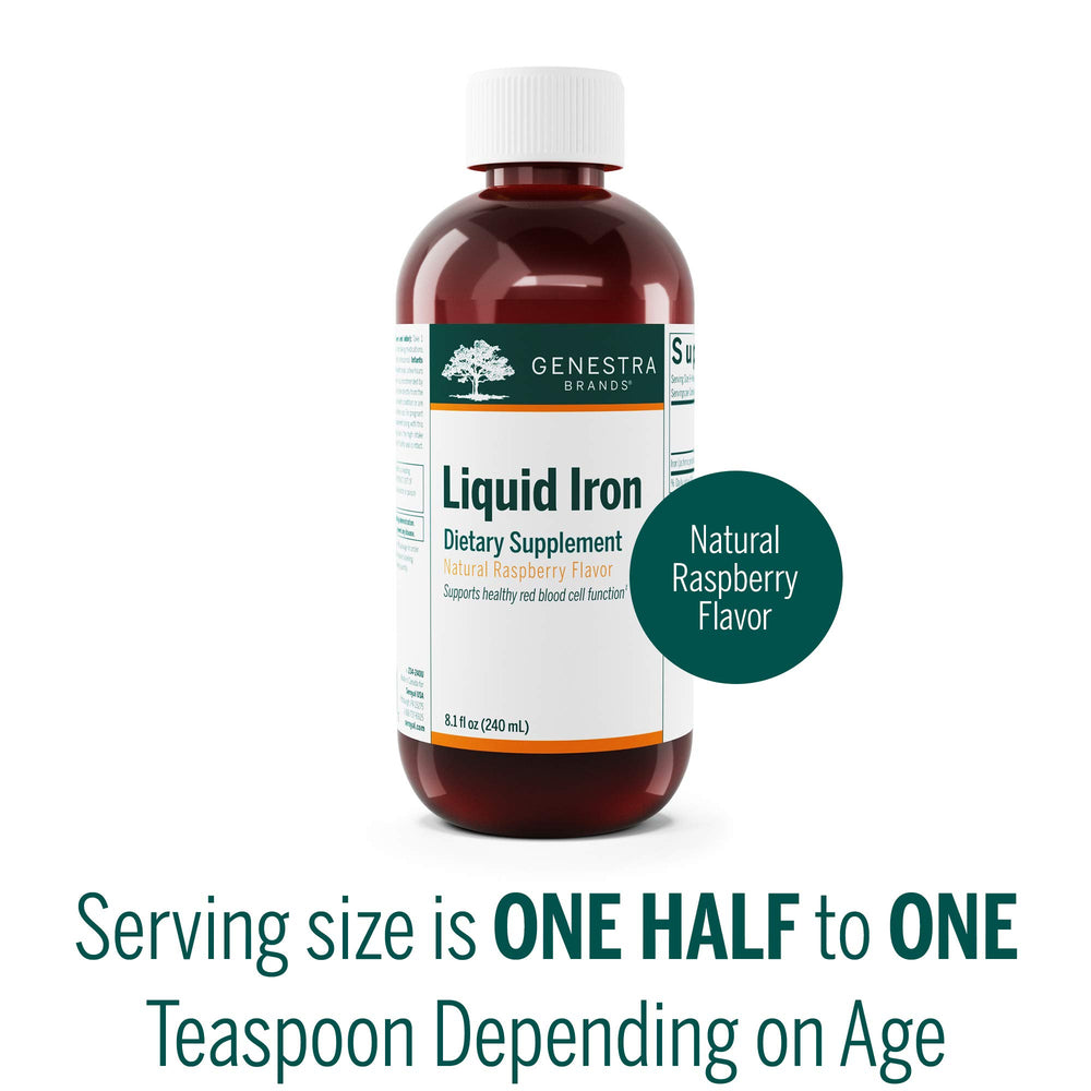 Genestra Liquid Iron bottle close-up showing raspberry flavor
