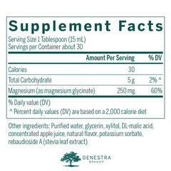 Nutrition facts panel for Genestra Magnesium Glycinate Liquid