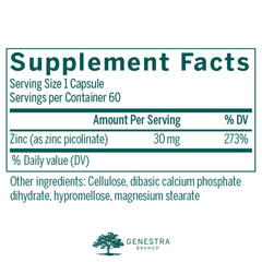 Label on Genestra Zinc Picolinate Formula bottle